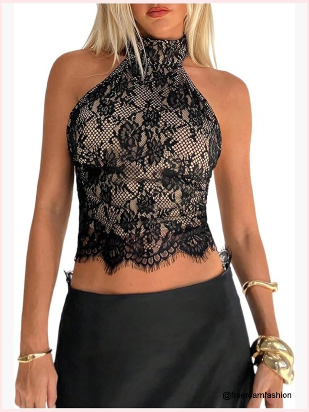 Floral Lace Halter Crop Top Scallop Trim Backless Tank